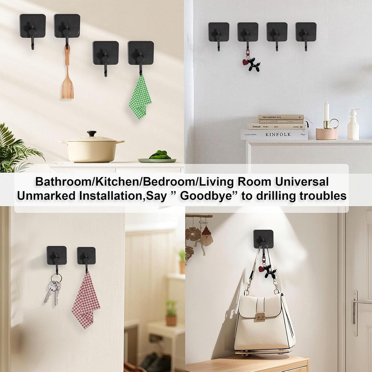 Aluminum Wall Hooks, No Drill Damage-Free Adhesive Hook,Product for Hanging Heavy Duty for Bathroom Kitchen Home (Curved Square Black Hook, 4)