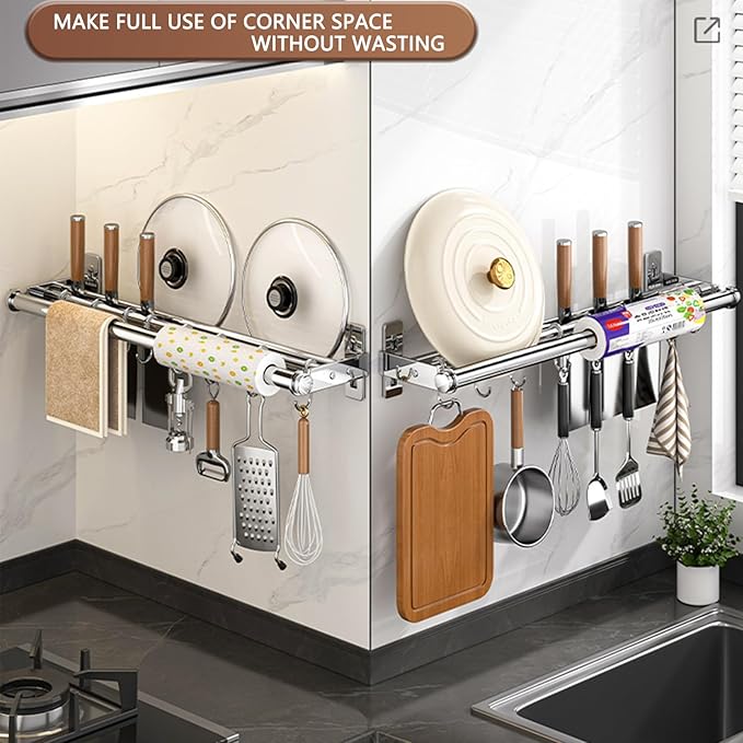 Hanging Wall Mount knife Wall Mount, Kitchen Organizer Storage Shelf for Utensils Spatula Spoon, Space-Saving Knife Rack with Hooks,Wall-Mounted Utensil Holder (Silver, 60CM+Three Poles+10Hooks)