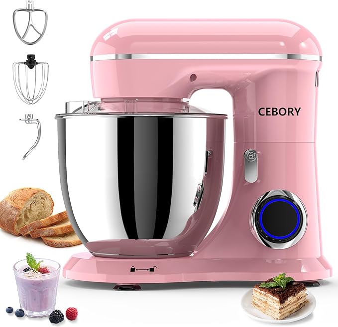 CEBORY 3-IN-1 Electric Stand Mixer, 6.5QT Bowl 660W 10-Speed Kitchen Mixer, Household Food Mixers include Dough Hook, Beater and Whisk, Bread Cake Mixer for Baking and Most Home Cooks, Pink
