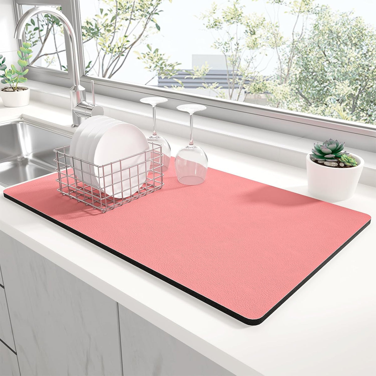 Rnivvi Dish Drying Mat for Kitchen Counter, XL 15 x 24" Super Absorbent Drainer Pad Easy Clean Dish Rack Pad, Non-Slip Heat Resistant Coffee Bar Mats for Coffee Machine Station Accessories, Rose Pink