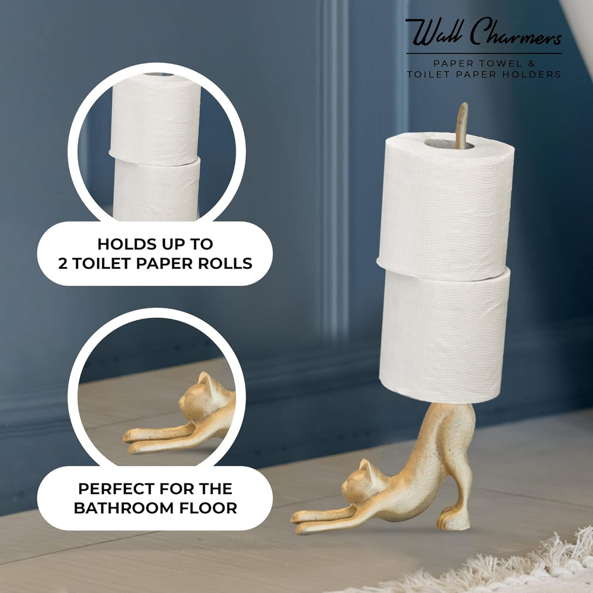 WallCharmers Gold Paper Towel Holder, Metal Toilet or Kitchen Paper Holder for Floor or Countertop, Gold Cat