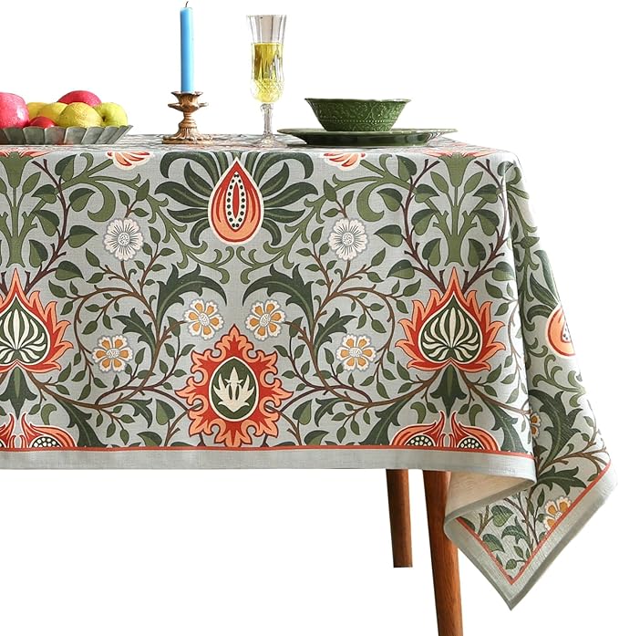 ISAENNE Designer Bohemian Linen Green Extra Long Rectangle Tablecloth,Floral Indoor Table Cloth,Stain Resistant Decor Tablecloths for Dining Thanksgiving Kitchen Party Christmas,63"*110"-Naples