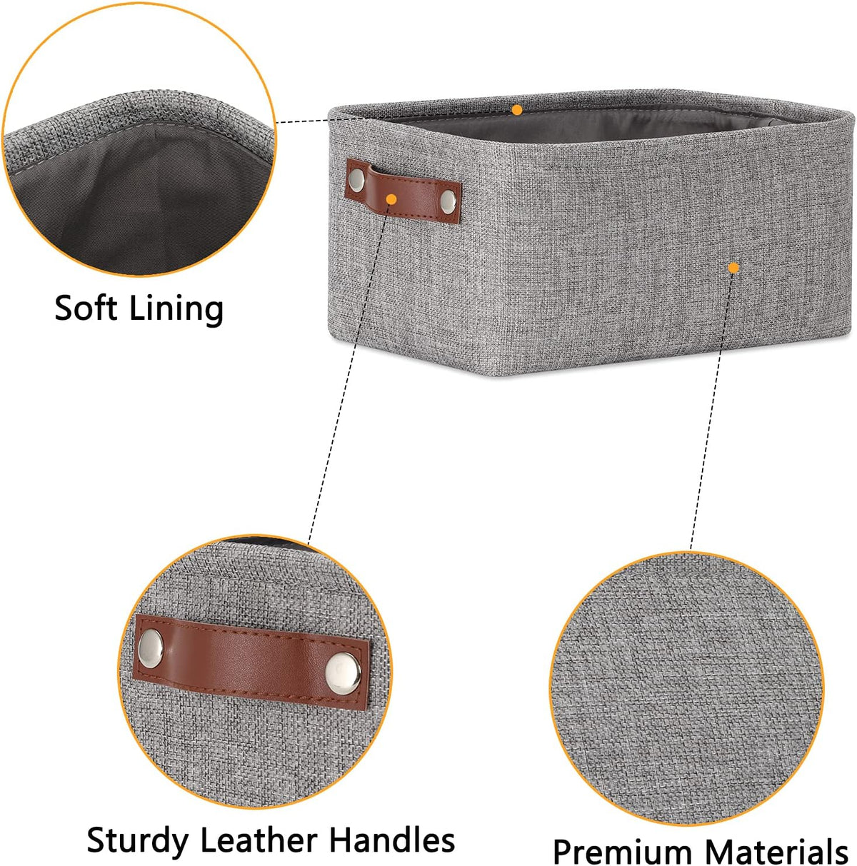 DULLEMELO Small Storage Baskets 11.8"x7.9"x5.1", Fabric Storage Bins for Shelves,Closets,Nursery,Home,Office [3 Pack], Collapsible Storage Baskets with Leather Handles (Gray)