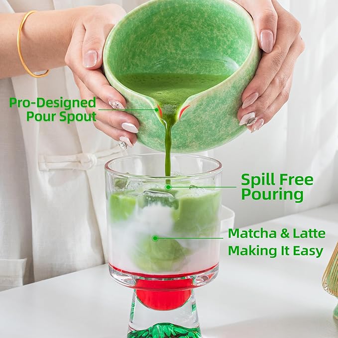 TEANAGOO Matcha Whisk Set,7 Pcs Matcha Set Green,Ceremony Matcha Kit,Matcha Tea Set for Making Latte,Ceramic Bowl(chawan) whith Spout and Whisk,Gift for Matcha Lovers