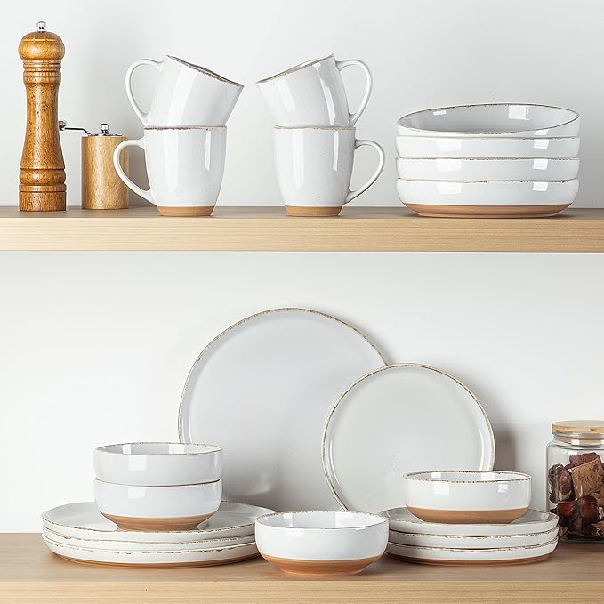 AmorArc Ceramic Dinnerware Sets with Pasta Bowls for 8, Handpainted Plates and Bowls Set with Rustic Terracotta Underside, Scratch Resistant Dishes Set, Dishwasher & Microwave Safe, 32 Pcs-White
