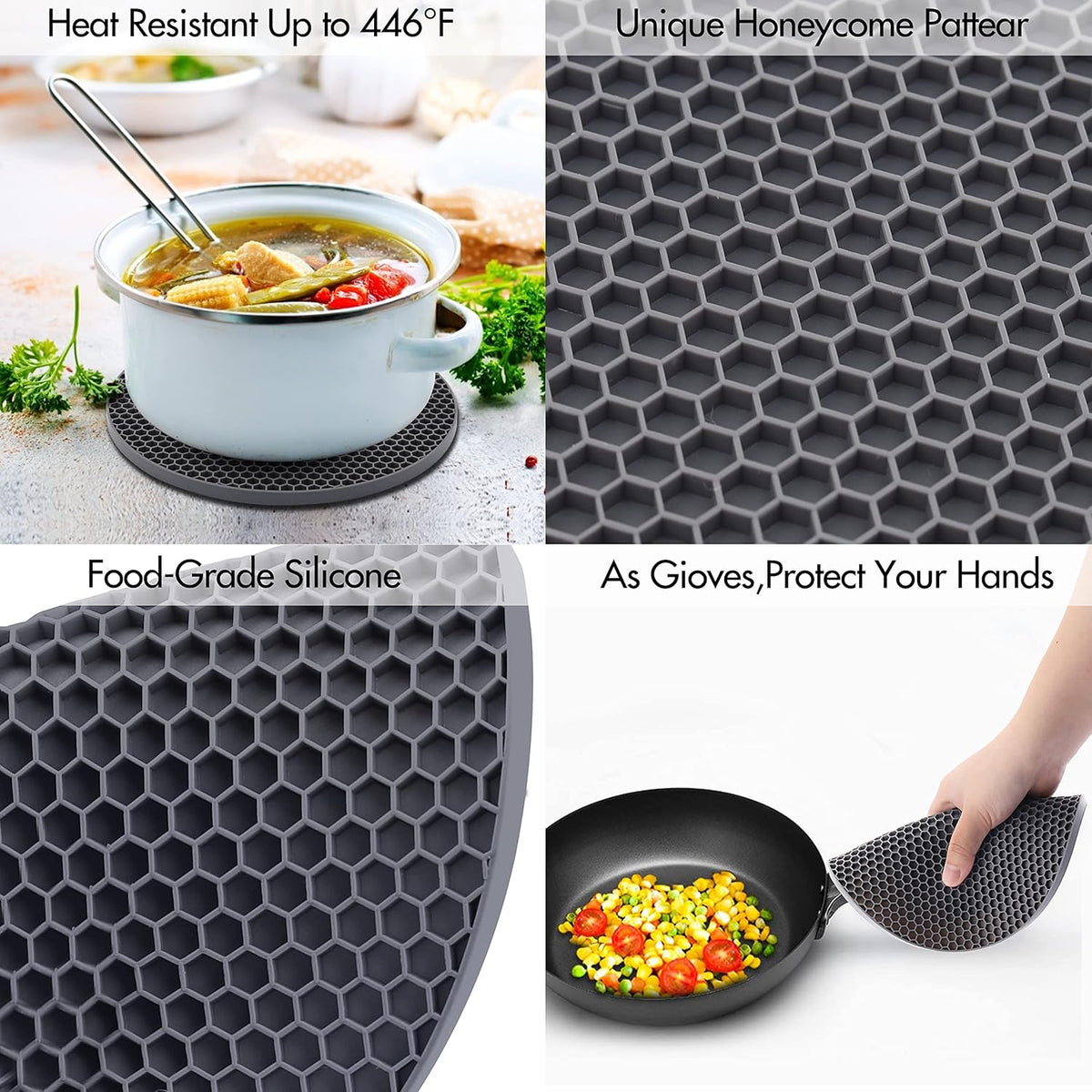 Silicone Trivets for Hot Pots and Pans, 0.31" Thick Trivet Mat for Hot Dishes Set of 4, Heat Resistant Durable Flexible Silicone Mat Pot Mat for Countertop, Easy to Wash and Dry, Dark Gray