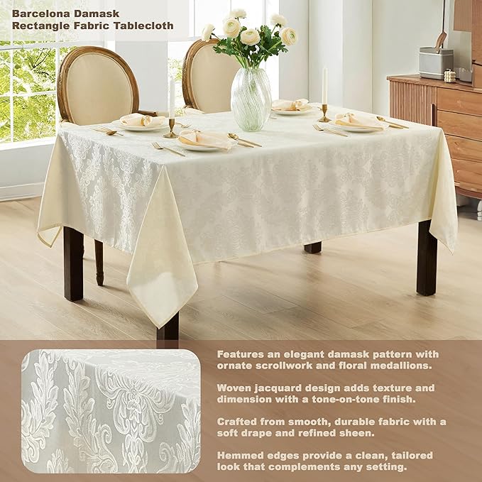 Newbridge Barcelona Luxury Damask Fabric Tablecloth, 60” Wide x 120” Rectangle, Antique White, 100% Polyester, No Iron, Soil Resistant Dining Room, Party and Banquet Table Cover