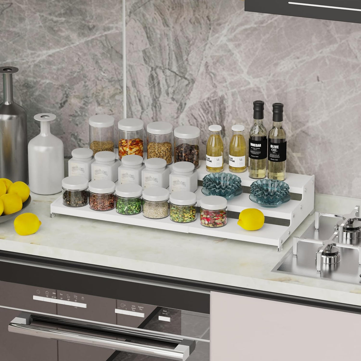 Expandable Spice Rack Storage organizer with 3-Tier step shelf cabinet,seasoning racks organizion.Great for Kitchen countertop shelves,Pantry and more(2Packs/White)