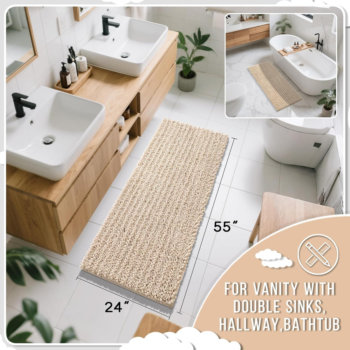 Yimobra Bathroom Runner Rug 55x24 Inch - Extra Long Non Slip Chenille Bath Mat, Soft & Absorbent, Machine Washable Shaggy Hallway Carpet for Vanity Tub Shower, Light Brown Home Decor Accessories