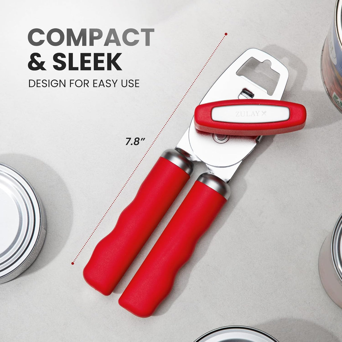 Zulay Kitchen Heavy Duty Stainless Steel Can Opener Manual with Bottle Opener - Rust Proof Manual Can Opener With Turn Knob & Comfy Soft Grip Handles - Cherry Red