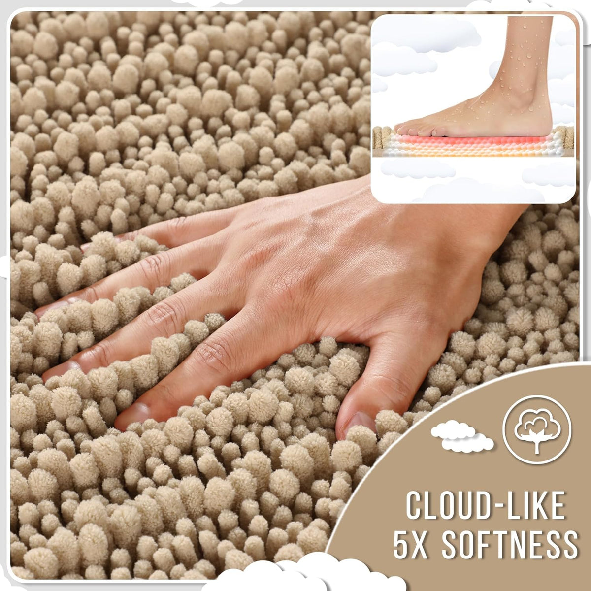 Yimobra Long Bathroom Rugs Non Slip Washable 44x24 Inch - Ultra Soft Absorbent Chenille Bath Mat, Quick Dry Shaggy Floor Carpet for Tub Shower, Pale Khaki Home Decor Accessories