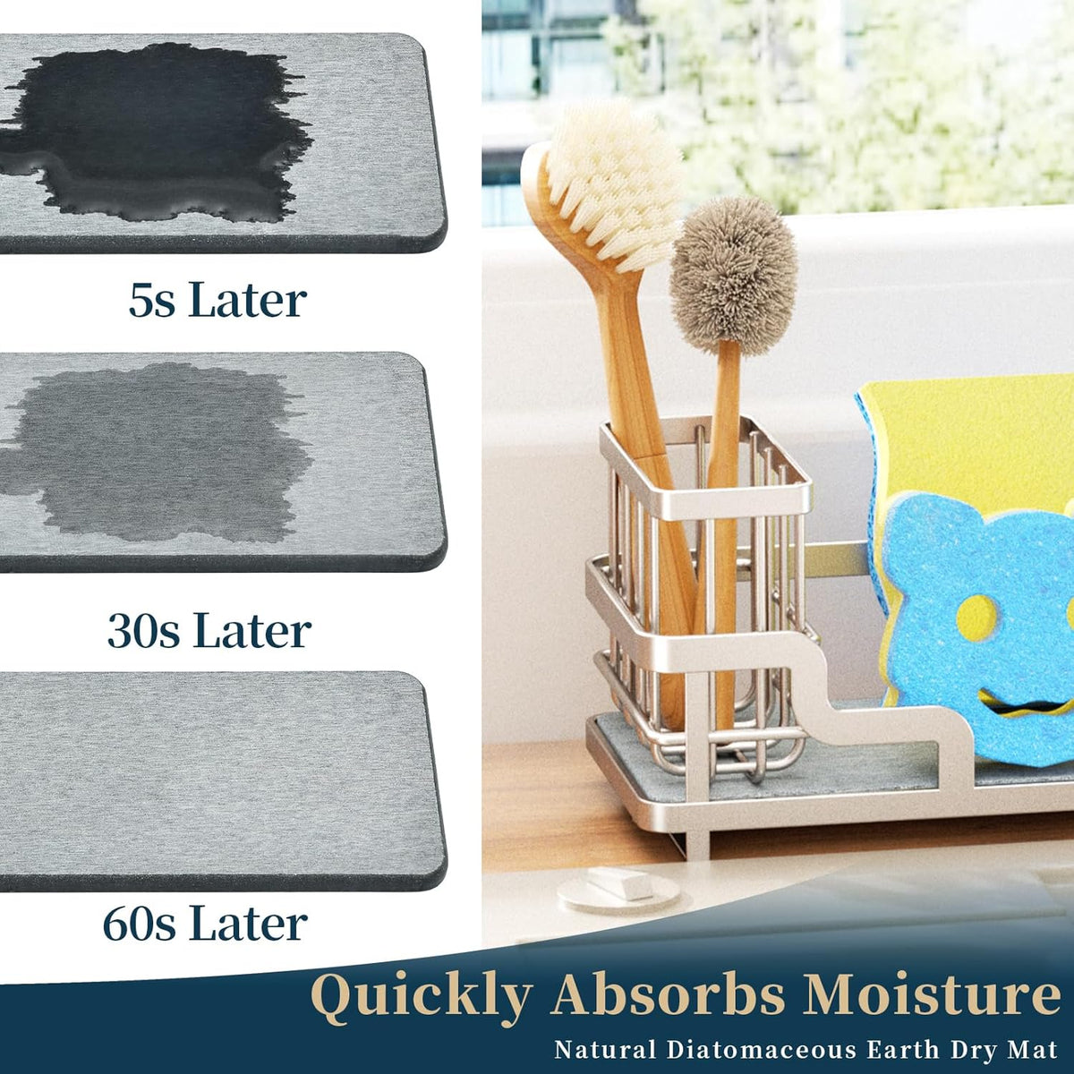 Consumest Sponge Holder for Kitchen Sink - Sink Caddy Organizer with Water Absorbing Stone Tray, Detachable Brush Holder, Stainless Steel Kitchen Counter Organizer Rack, Sand Nickel
