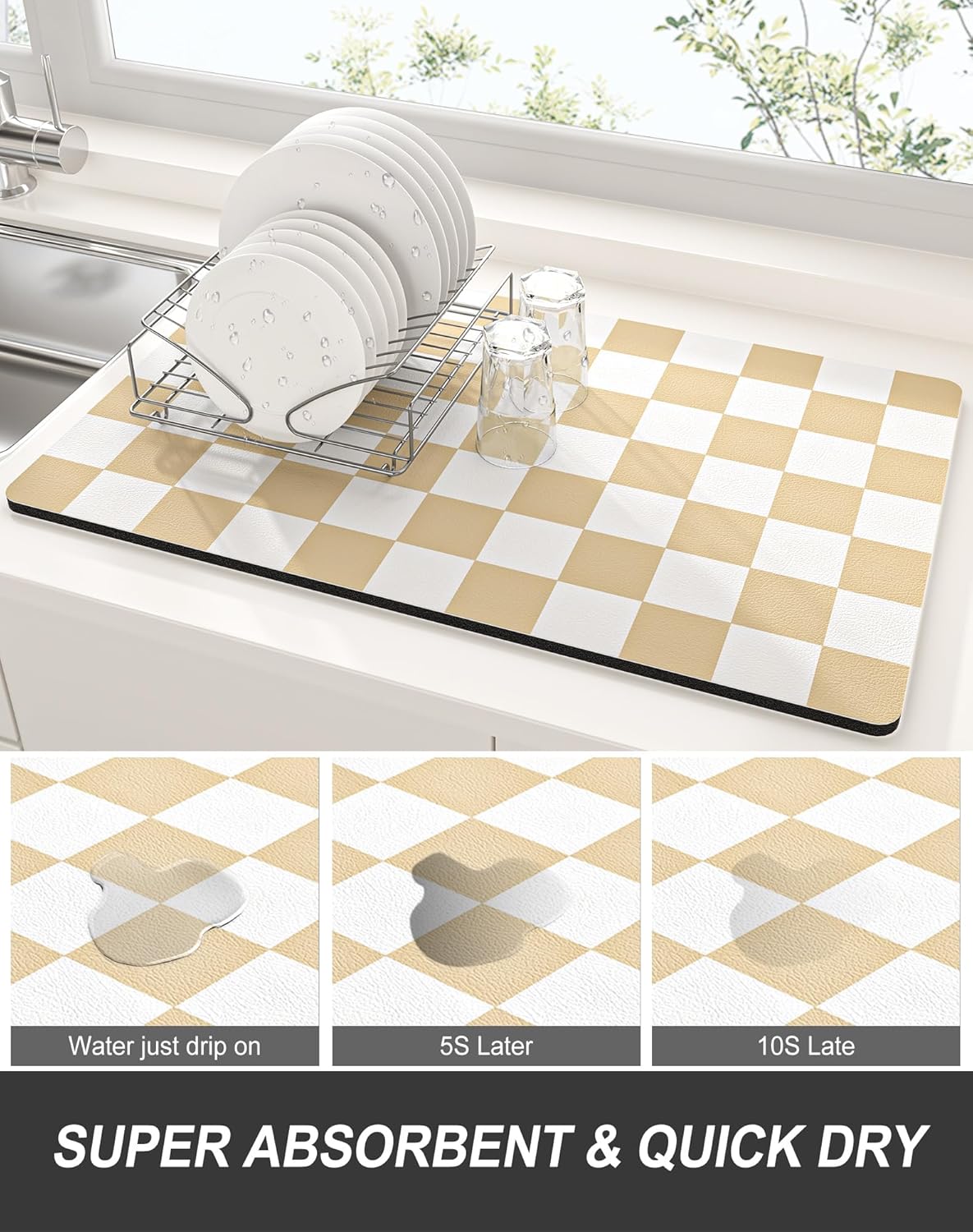 Rnivvi Dish Drying Mat for Kitchen Counter, 12 x 19" Cute Checkered Absorbent Draining Pad, Non-Slip Heat Resistant Coffee Bar Mats for Coffee Machine Station Accessories, Beige White Dish Rack Pad