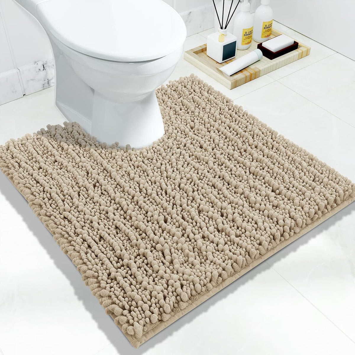 Yimobra Toilet Rug U Shaped Washable 24x20 Inch - Ultra Soft Absorbent Chenille Bath Rugs for Toilet, Quick Dry & Machine Washable, Non Slip Contour Bathroom Mat, Pale Khaki