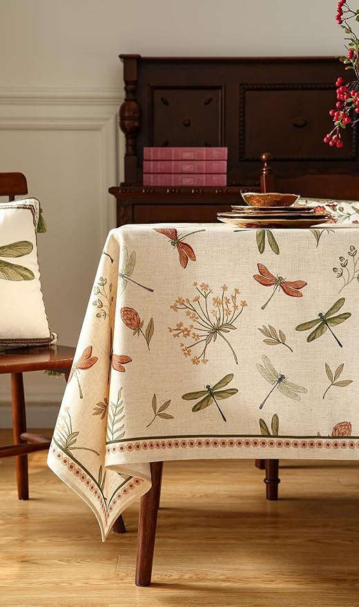 ISAENNE Designer Floral Linen Long Tablecloth Rectangle,French Off White Elegant Table Cloth,Washable Home Decor Tablecloths for Dining Thanksgiving Kitchen Christmas Party,63"*102"-Grace B