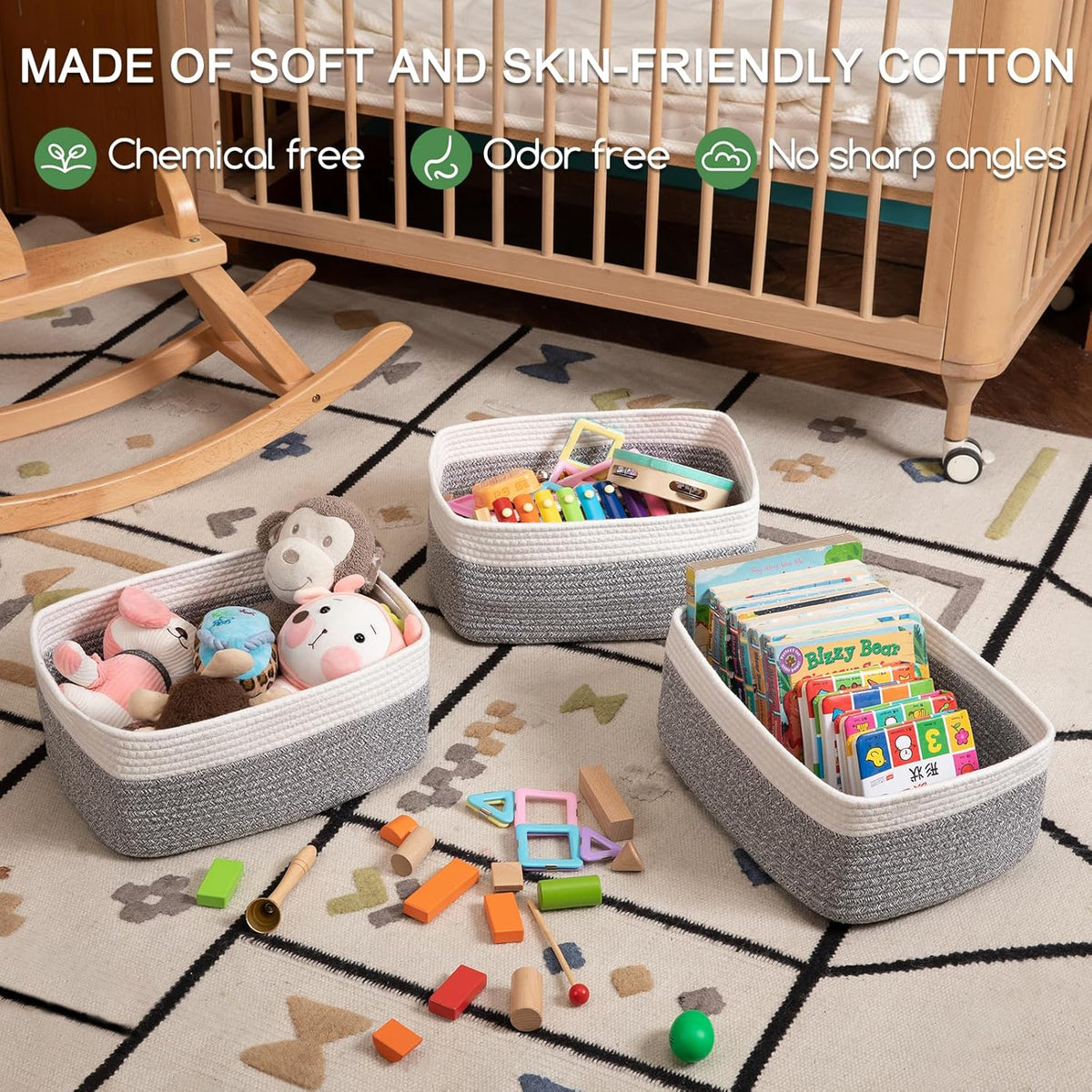 Storage Baskets for Organizing 3 Pack, Woven Baskets for Shelves, Closet Organizer Bins Empty Gift Basket Toy Storage for Toys, Books, Towels, Clothes, 15"x11.42"x6.7", Grey