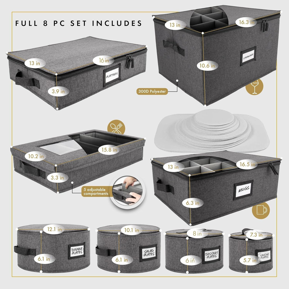 HOMELUX THEORY Platter Storage with Lid, Hard Shell China Storage Containers, Heavy Duty Dinnerware Storage Box with 5 Felt Pads and Thick Surface for Dishes and Dinner Plate, Move Out Essentials