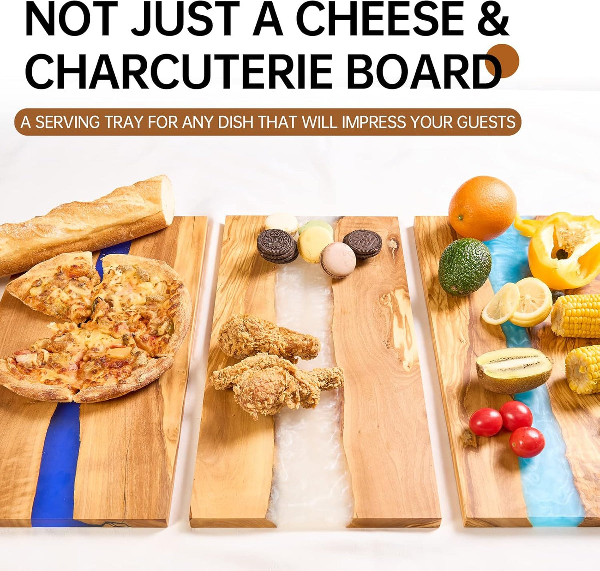 Italian Olive Wood luxury Cheese board with Resin, Charcuterie board, Chopping and Cutting Board for Meat Vegetable & Fruit, Wooden Epoxy Serving Board (White)