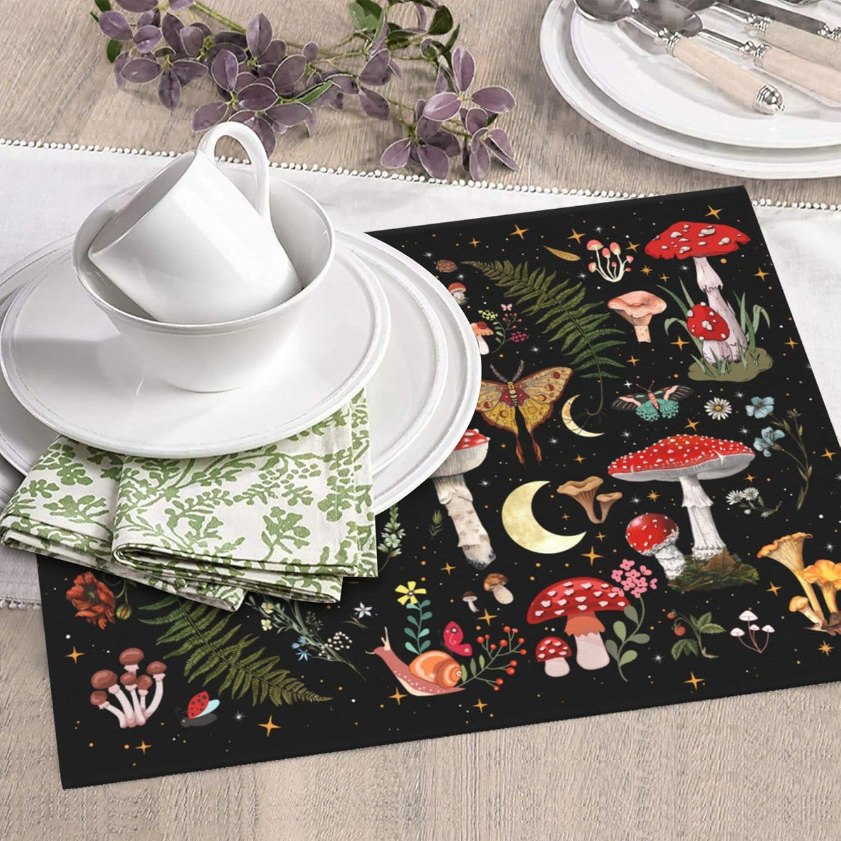 Mushroom Dish Drying Mat for Kitchen Counter Moth Gothic Witchy Dish Drainer Rack Mats 16x18 Inch Absorbent Reversible Black Drying Pad