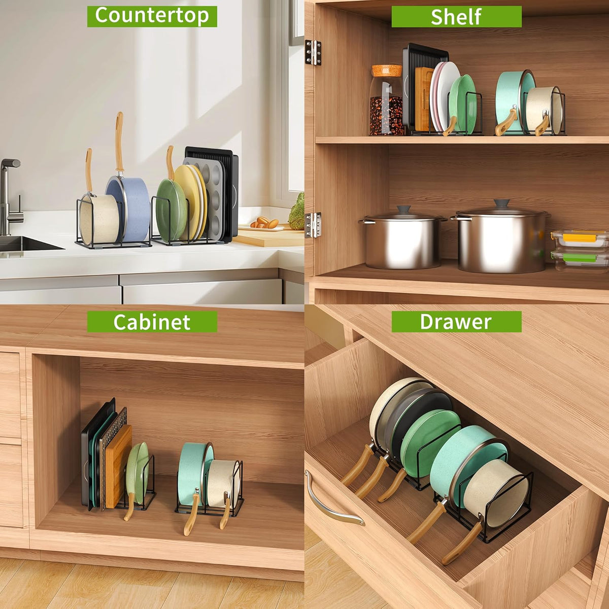 Pan and Pot Organizer Rack, Cutting Board Organizer for Cookie Sheet,Frying Pan inside Cabinet,Baking Pan, Tray Organizer for Kitchen Storage - Total 5 Compartments(2 Pcs)