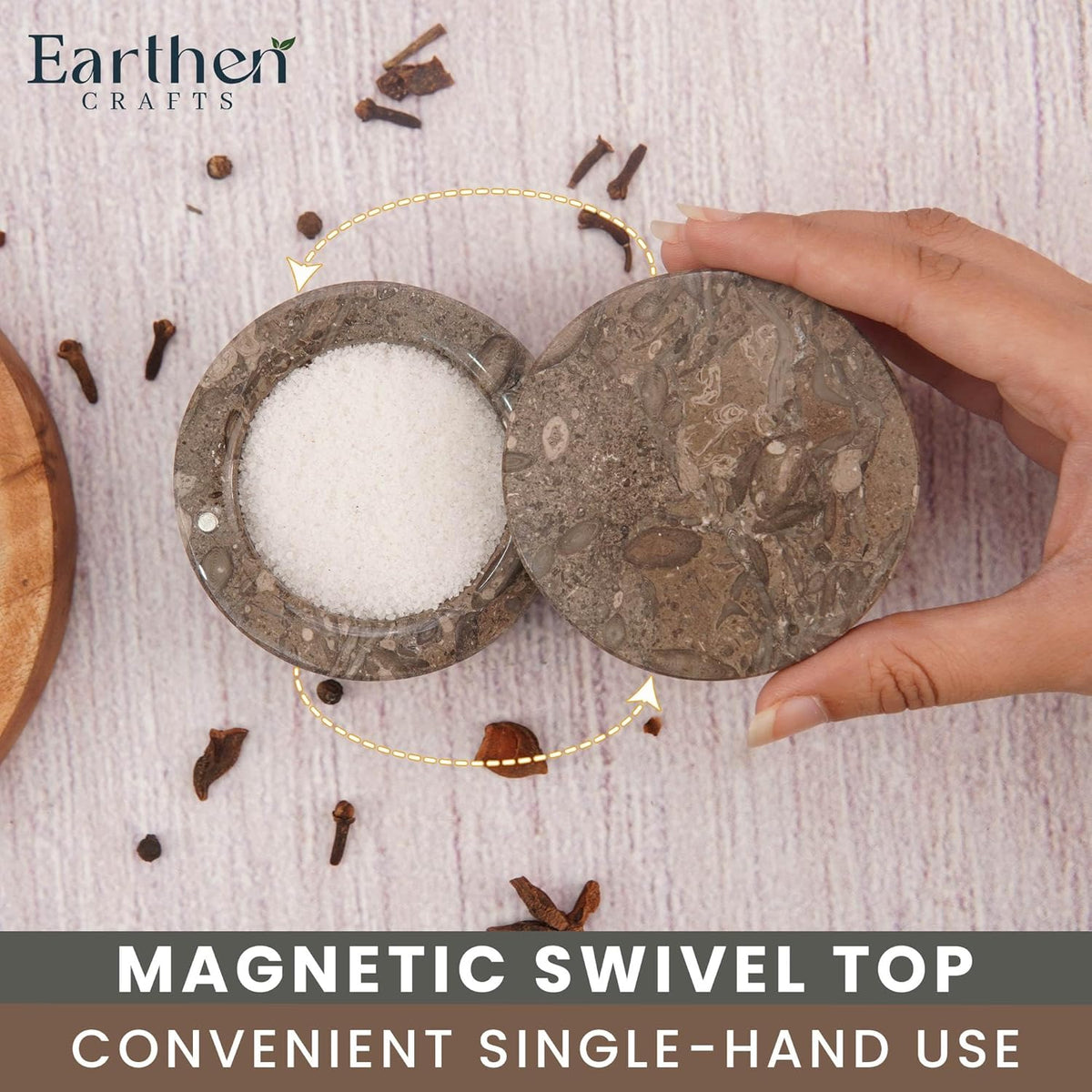 Marble Salt Cellar with Swivel Lid 3 Inch Salt Box Oceanic Salt and Spice Jar Storage Magnetic Lock Container, Salt Crock for Sea Salt, Flaky Salt, and Sugar