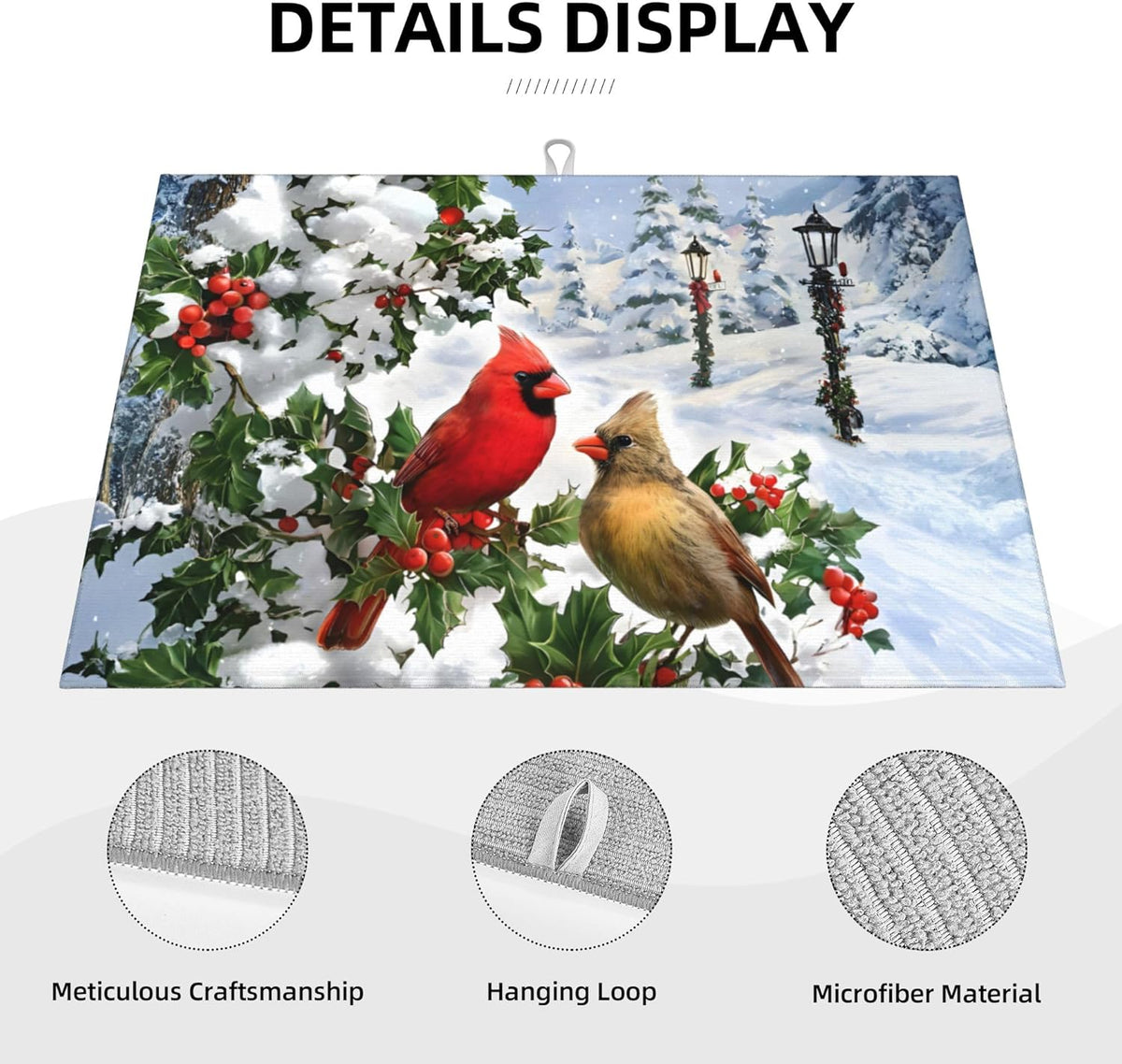 Kitchen Drying Mat Winter Cardinal Birds Microfiber Dish Drainer Mat for Kitchen Counter Absorbent Reusable Washable 18x24 Inch Home Holiday Decor
