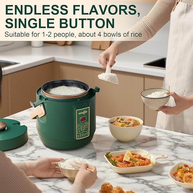 Audecook Mini Rice Cooker, 1.2L Small Rice Cooker Non-Stick 2 Cups Uncooked with Stainless Steel Steamer, Travel Multicooker with Low Carb Function, 24 Timer Delay and Auto Keep Warm（Green）