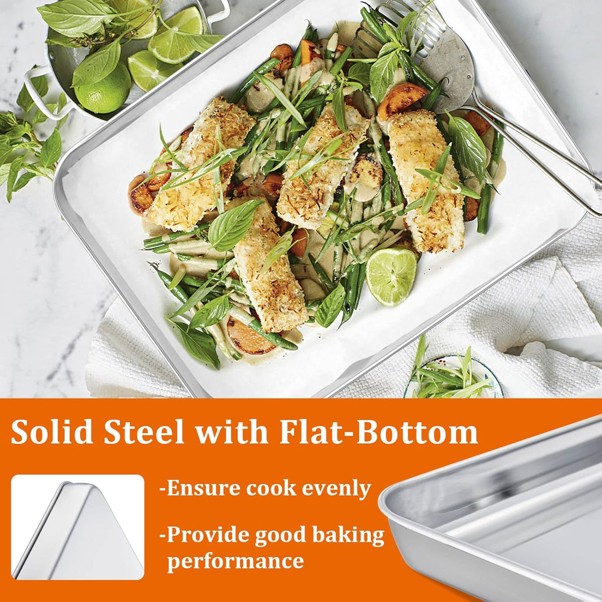 Small Baking Sheet Set of 2, E-far 10.5”x8.3” Stainless Steel Cookies Sheet Pan for Toaster Oven with 50 Parchment Paper, Rectangle Baking Tray for Cooking, Rust Free & Heavy Duty, Dishwasher Safe