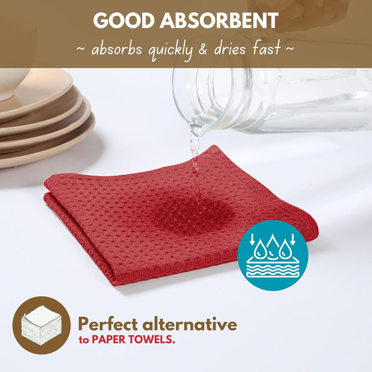 Native Fab Cotton Kitchen Towel with Hanging Loop 16x26 inches, 6-Pack, Waffle Weave Kitchen Towels for Cleaning Drying, Washcloths Soft & Absorbent Cloth Rags, Bar Towel, Dish Cloth, Red