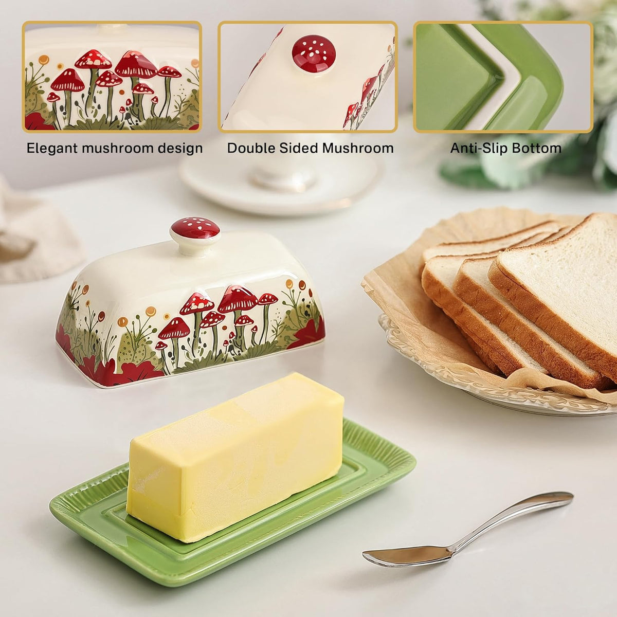 Fungi Fun Mushroom Butter Dish With Lid – Cute Cottagecore Ceramic Storage Container, Vintage French Covered Tray, Boho Farmhouse Kitchen Decor Gift, Unique Countertop Holder (White, Standard)