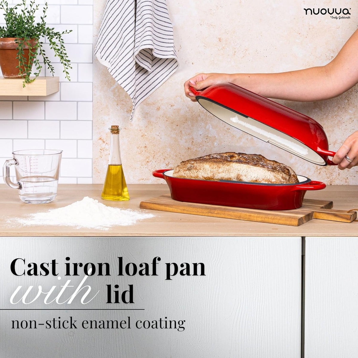 Enamelled Cast Iron Bread Loaf Pot – Dutch Oven For Sourdough Bread Baking – Oven Safe Non Stick Bread Pot – Rectangular, Red, 34cm x 16cm – by Nuovva