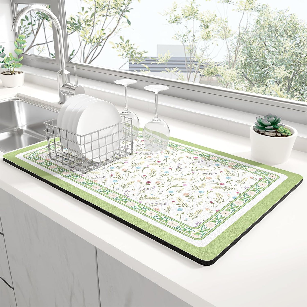 Rnivvi Dish Drying Mat for Kitchen Counter, XL 15 x 24" Cute Flower Theme Absorbent Draining Pad, Non-Slip Heat Resistant Coffee Bar Mat for Coffee Machine Station Accessories, Green Dish Rack Pad