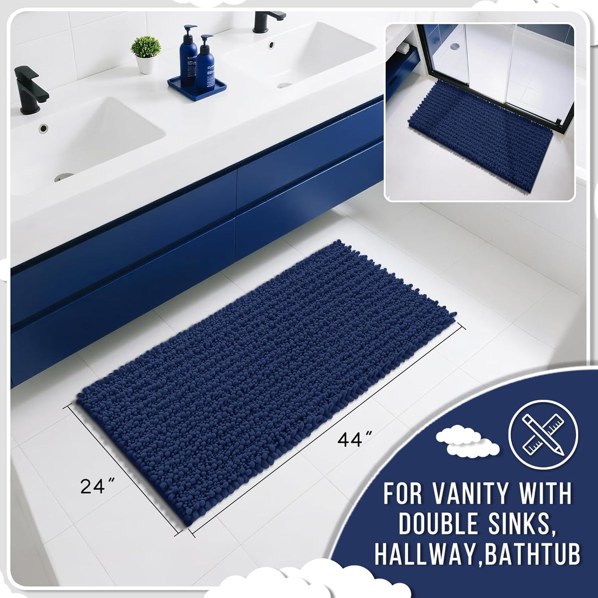 Yimobra Long Bathroom Rugs Non Slip Washable 44x24 Inch - Ultra Soft Absorbent Chenille Bath Mat, Quick Dry Shaggy Floor Carpet for Tub Shower, Navy Blue Home Decor Accessories