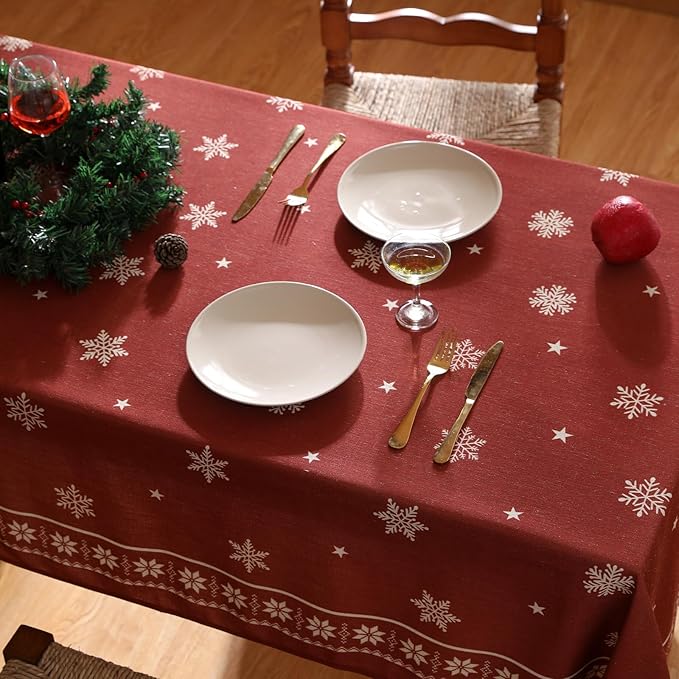 ISAENNE Designer Christmas Red Extra Long Rectangle Tablecloth,Linen Table Cloth with Snowflakes Pattern,Wrinkle Resistant Decor Tablecloths for Dining Kitchen Thanksgiving,67"*118"-Carol C