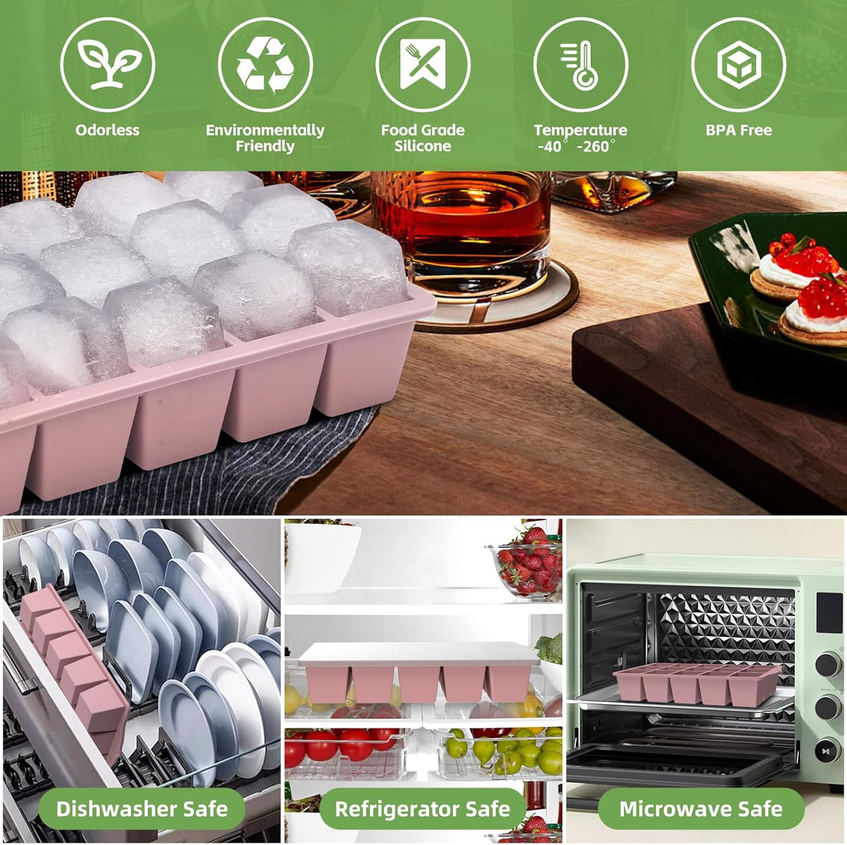 Silicone Ice Cube Tray, 3 Pack Easy-Release Stackable Ice Trays for Freezer with Lid 15 Reusable Cubes, Food Grade BPA Free Ice Molds for Whiskey, Baby Food, Coffee, Cocktail (Blue+Green+Pink)
