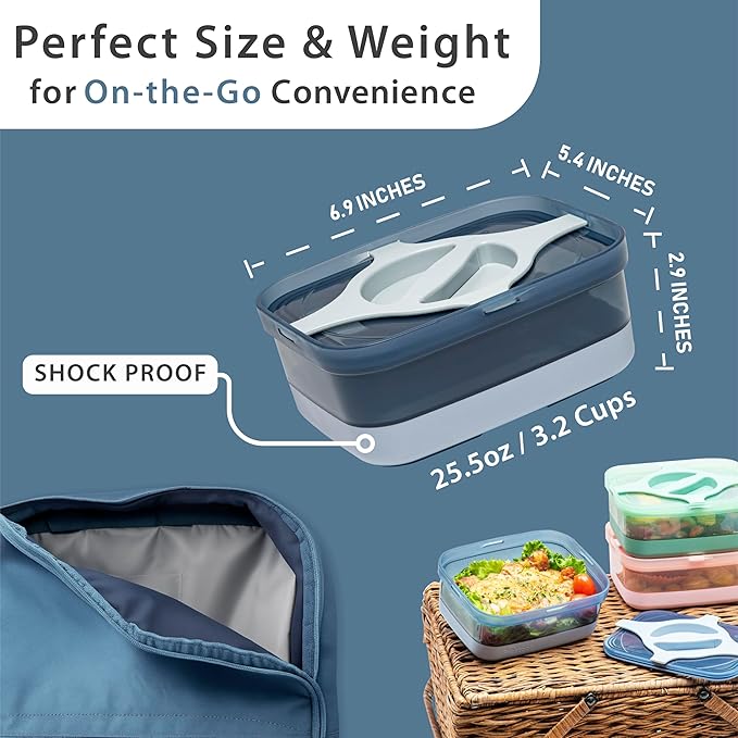Bento Lunch Box Pack of 4 Leakproof Salad and Meal Prep 3 Cups 25.5oz Container Twistlock Lid Reusable Portable, Microwave and Dishwasher Safe BPA-Free For Work