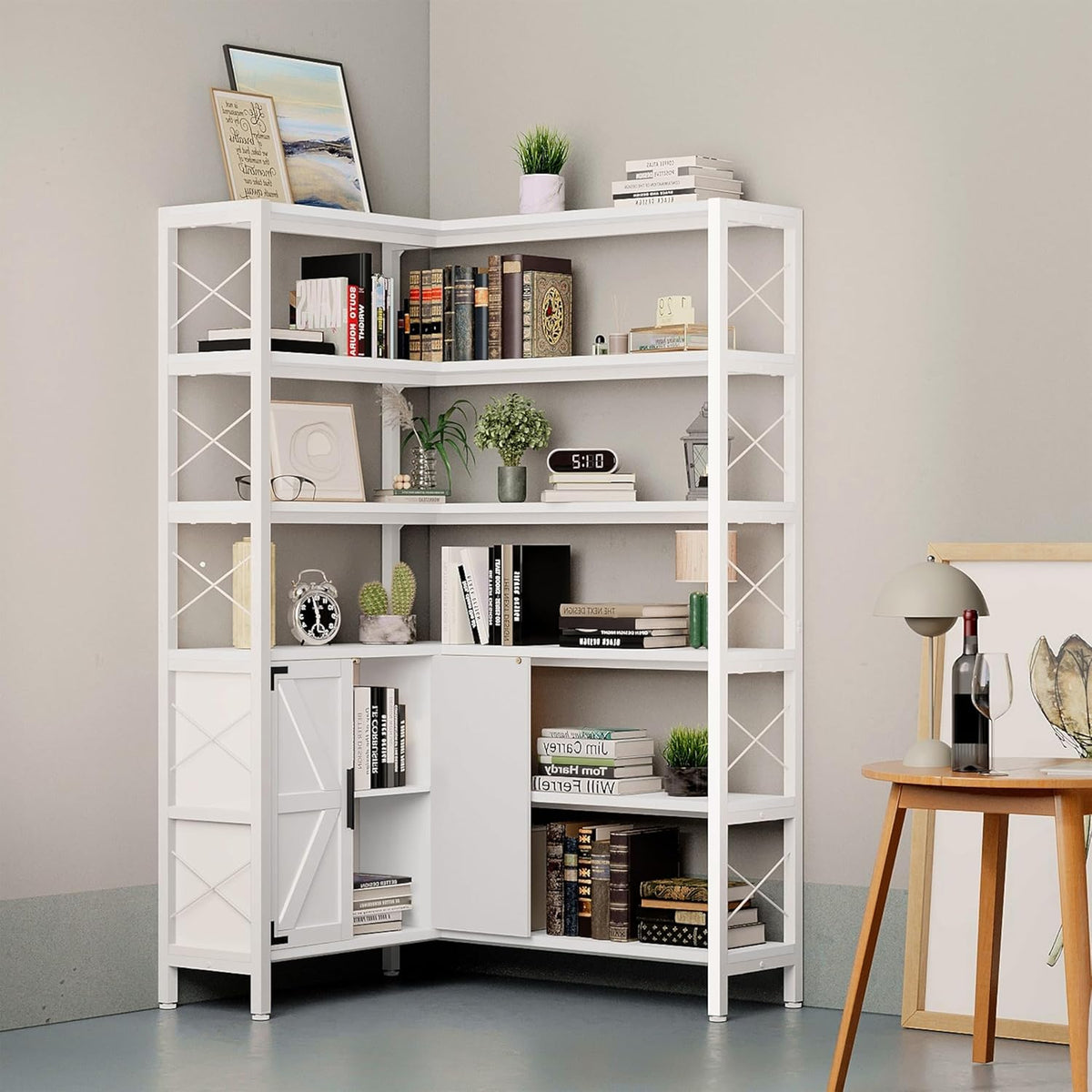 Corner Bookshelves 6 Tier, Farmhouse Wooden Bookcases for Corner, L Shaped Etagere Bookshelf with Storage for Living Room Home Office
