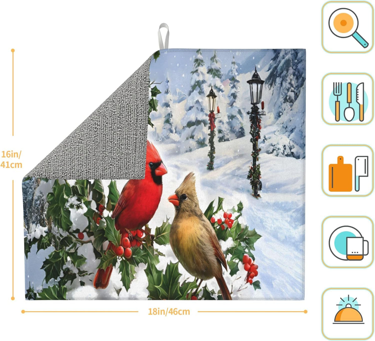 Winter Cardinal Birds Dish Drying Mat for Kitchen Counter Washable Dish Drying Racks Absorbent Reversible Microfiber Dishes Drying Pad Christmas Kitchen Accessories or Decor 16"x18"