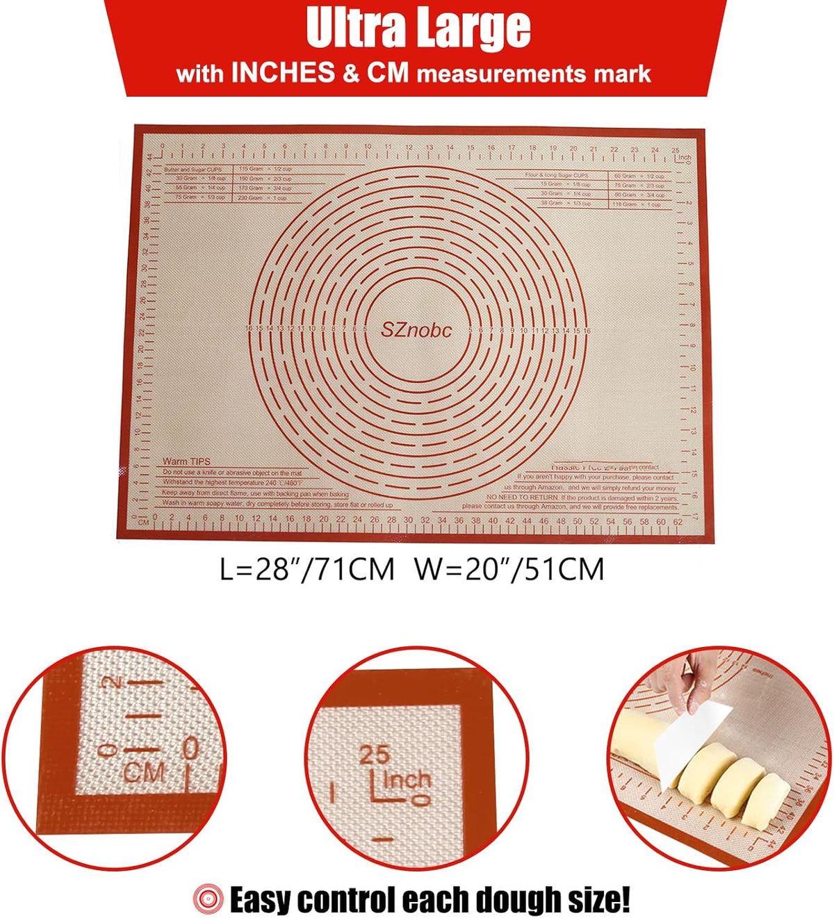 Silicone Pastry Mat 28''By 20'' Nonstick Baking Mats Non-slip Counter Mat for Dough Rolling, Pastry, Pie Crust, Fondant, Cookies, Bread, Pasta, Pizza Mat