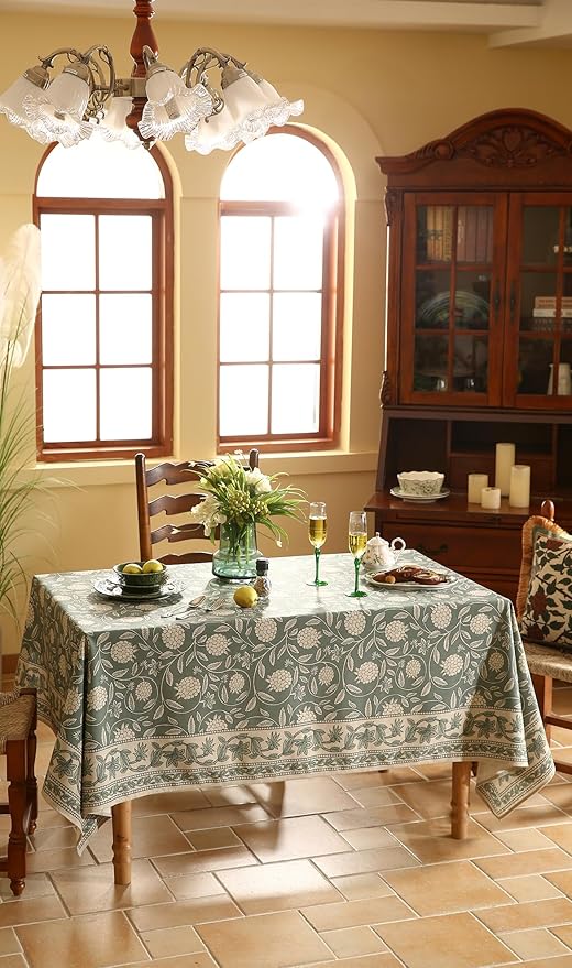 ISAENNE Designer Grayish Green Linen Long Rectangle Tablecloth,Floral Stain Resistant Table Cloth,Fall Vintage Decor Tablecloths for Dining Thanksgiving Kitchen Party,63"*94"-Andrew A