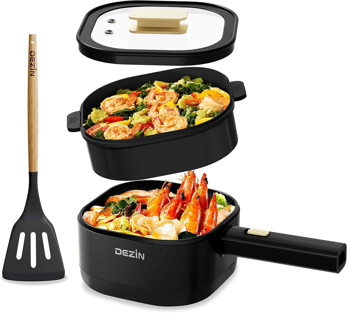 Dezin 2L Electric Hot Pot with Steamer, Rapid 800W Non-Stick Ceramic Coating Dorm Cooking Pot, Plug in Electric Pan Cooker with Adjustable Power for College Hotel Office(Silicone Spatula Included)