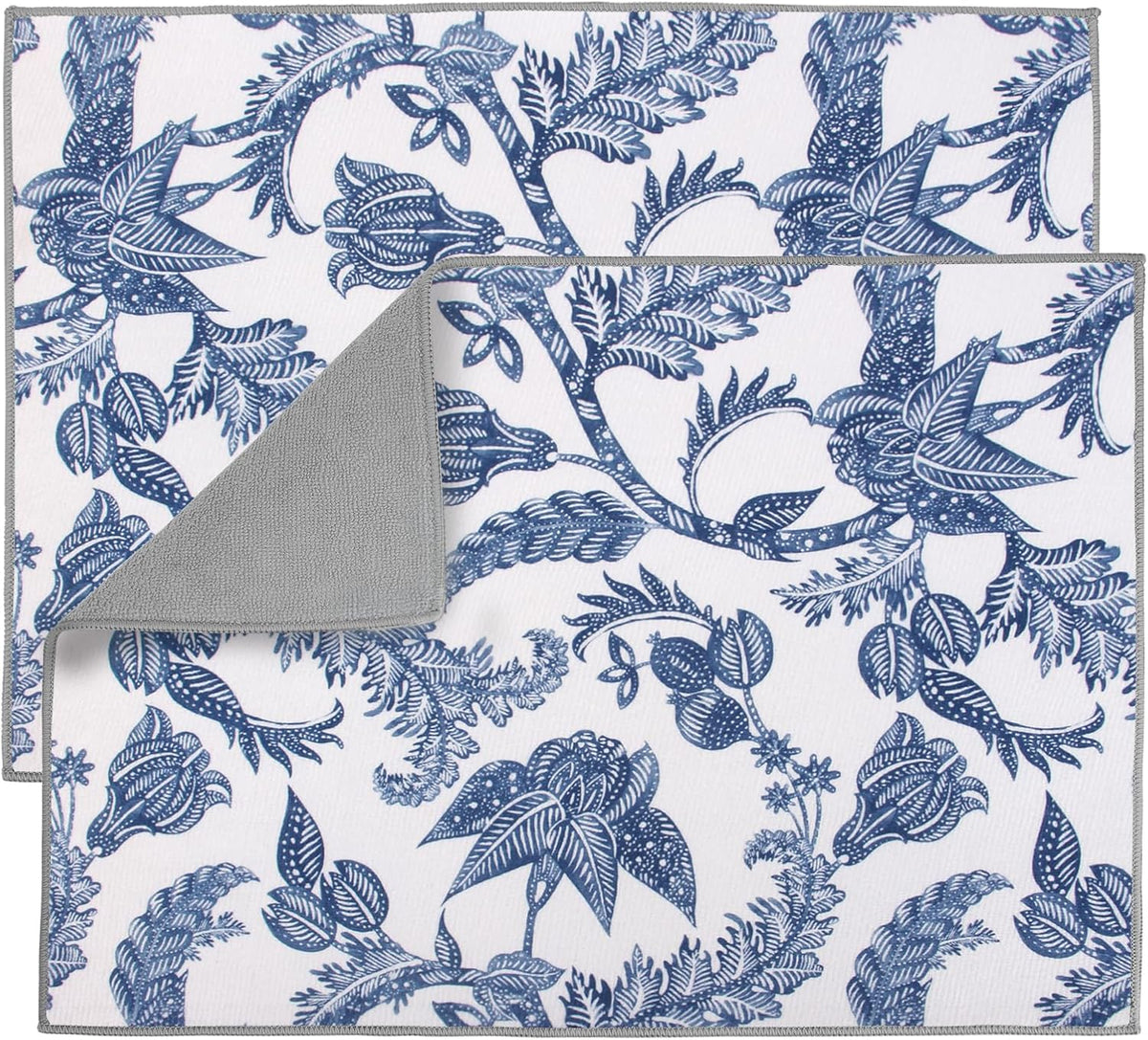 2 Pack XXL 17" x 24" Blue and White Porcelain Dish Drying Mat - Dish Drying Mats for Kitchen Counter, Super Absorbent, Anti-Slip, Fast Drying, Kitchen Must-Have
