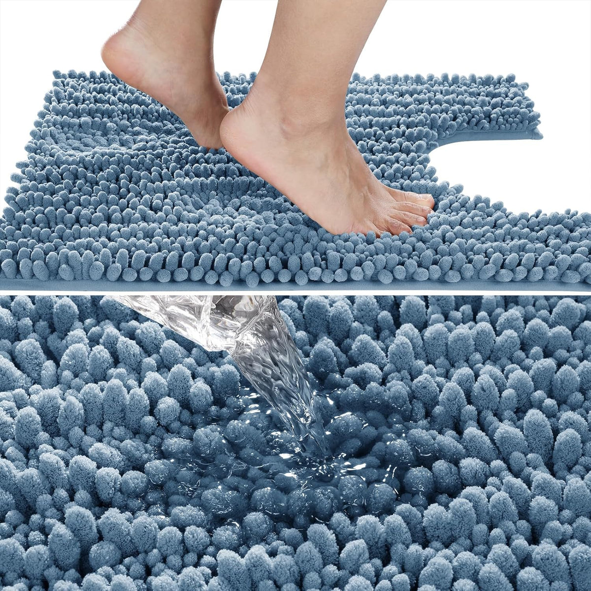 Yimobra Toilet Rug U Shaped Washable 24x20 Inch - Ultra Soft Absorbent Chenille Bath Rugs for Toilet, Quick Dry & Machine Washable, Non Slip Contour Bathroom Mat, Denim Blue