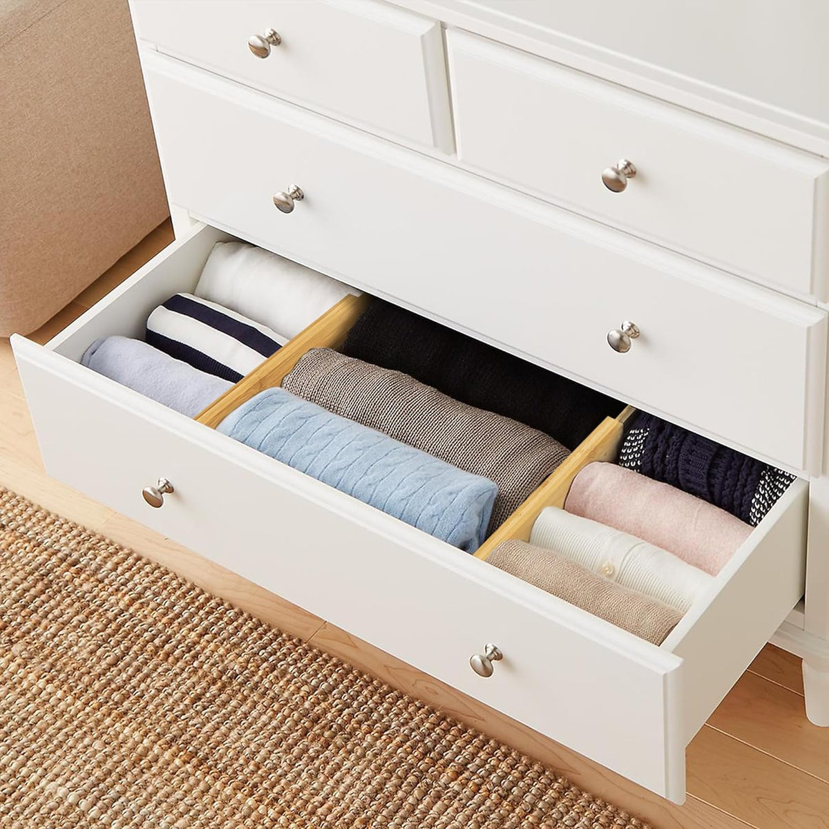 VaeFae 6-Pack Bamboo Drawer Dividers – Adjustable 14"-19.1" (Fits 15"-18" Drawers ONLY), Spring-Loaded Expandable Organizer for Kitchen, Bedroom, Office & Bathroom, MUST MEASURE Before Purchase