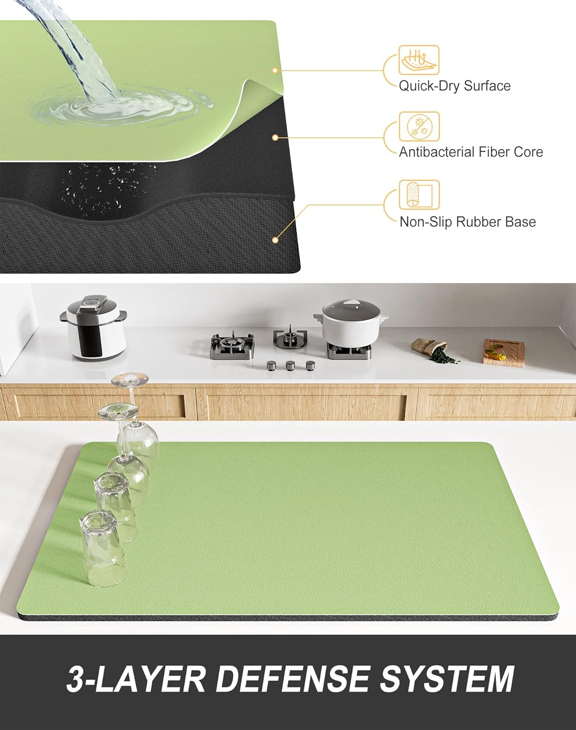 Rnivvi Dish Drying Mat for Kitchen Counter, 12 x 19" Super Absorbent Drainer Pad Easy Clean Dish Rack Pad, Non-Slip Heat Resistant Coffee Bar Mats for Coffee Machine Station Accessories Decor, Green