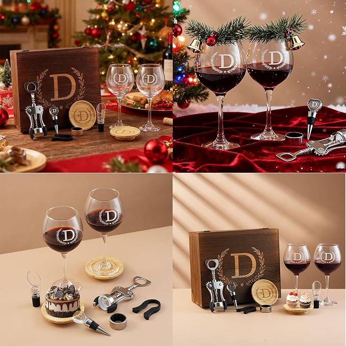 GZLDGIFTS Personalized Initial Wine Glasses Box Gift Set For Women Mom Engraved Birthday Monogrammed Wooden Christmas Gifts Wedding Anniversary Wine Couples Stopper Opener Initial Letterr (K Set)