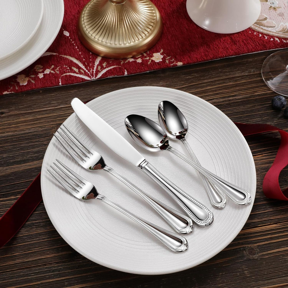 KEAWELL Pearl Edge Premium 45-Piece Refined Bead Silverware Set, 18/10 Stainless Steel, Service for 8, Fine Flatware Set with Serving Utensils, Dishwasher Safe (45, Silver)