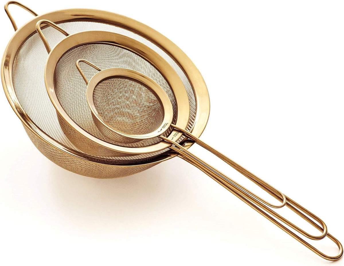 Strainer Set Fine Mesh – Premium 304 Stainless Steel (18/8) – 8″, 5.5″ and 3.3″ Sturdy Kitchen Strainers (Gold)