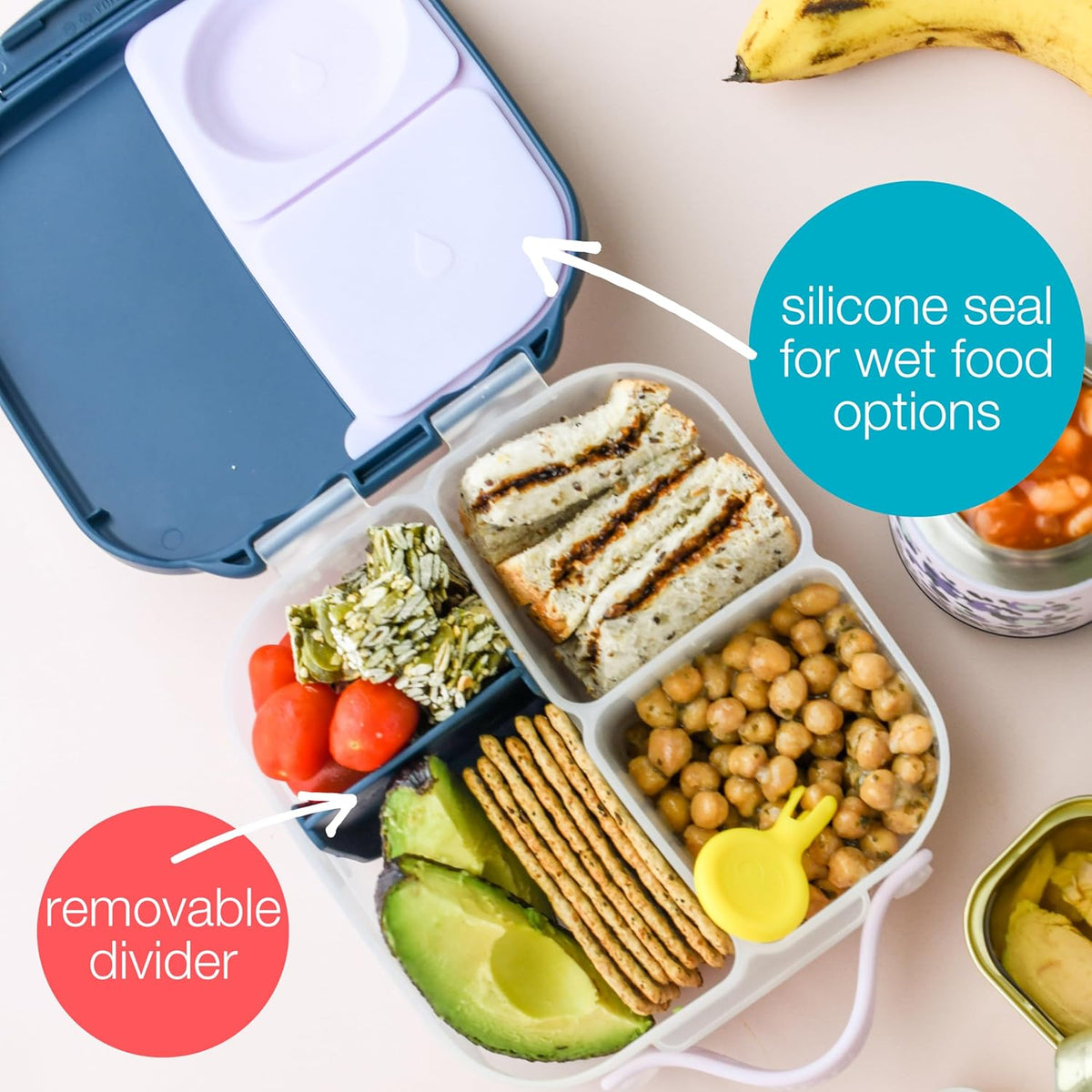 b.box Mini Lunch Box, Bento Box for Kids, Snack Container with 2 Leak Proof Compartments, Reusable Snack Containers with Lids, Kids Lunch Boxes Ages 3+, BPA Free, 4 1/4 Cup Capacity (Blush Crush)