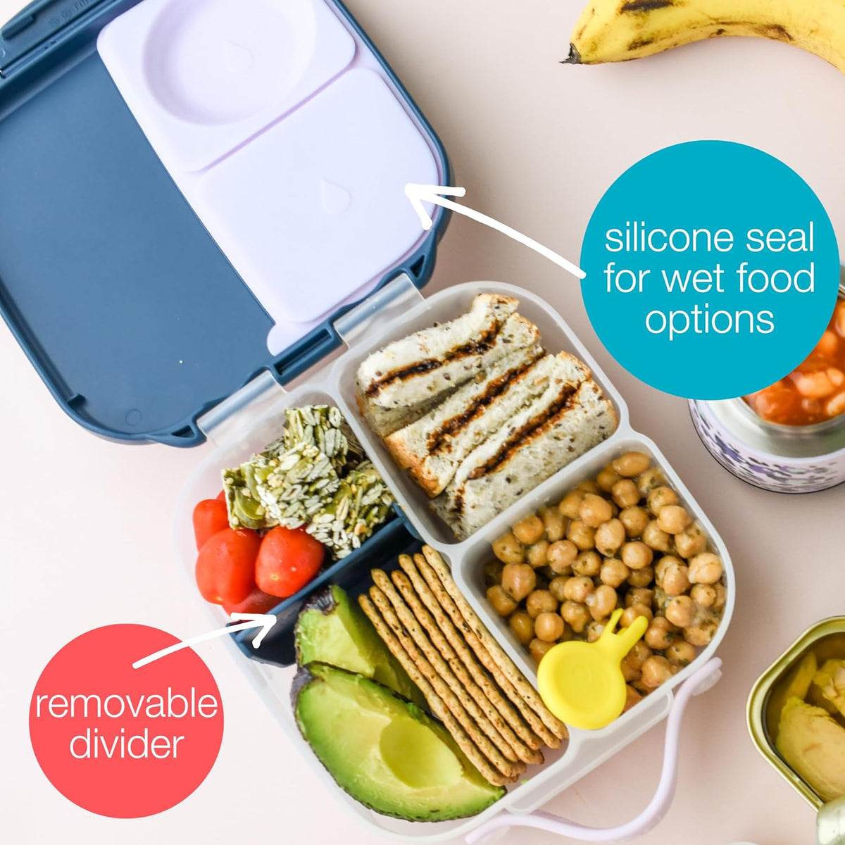 b.box Mini Lunch Box, Bento Box for Kids, Snack Container with 2 Leak Proof Compartments, Reusable Snack Containers with Lids, Kids Lunch Boxes Ages 3+, BPA Free, 4 1/4 Cup Capacity (Chill Out)